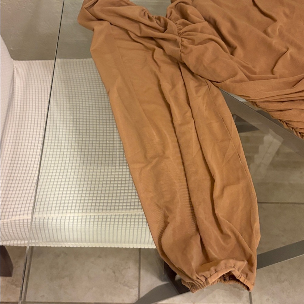 Elegant Tan Ruched Dress - Picture 4 of 10